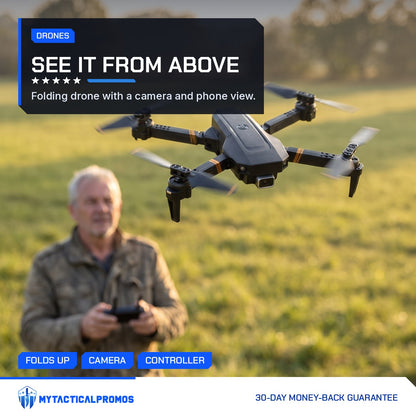 RC Drone hovering over a field while an older man flies it with the controller