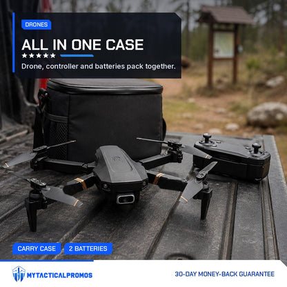 RC Drone with its controller and carry case on a truck tailgate at a trailhead
