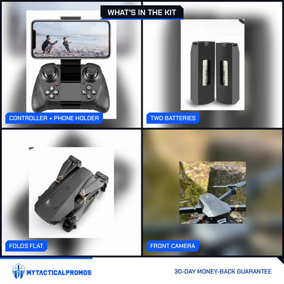 RC Drone kit close-ups: controller with phone holder, two batteries, drone folded flat, front camera