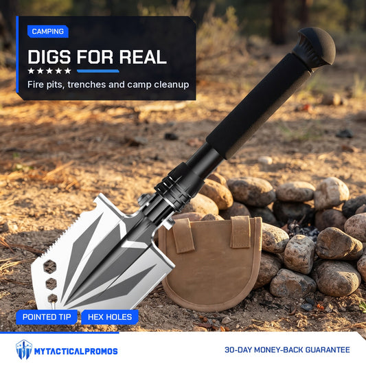 Compact Camp Shovel pushed into the ground beside a stone fire ring