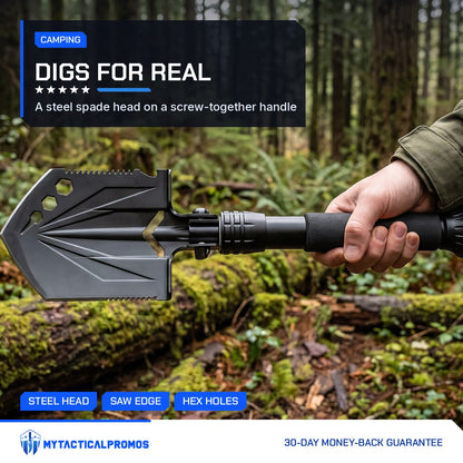 Compact Camp Shovel held over a mossy log in the forest