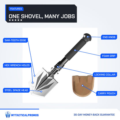 Compact Camp Shovel features labeled: saw-tooth edge, hex wrench holes, steel spade head, end knob, foam grip, locking collar, carry pouch