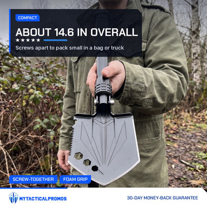 Man holding the Compact Camp Shovel upright, about 14.6 inches overall