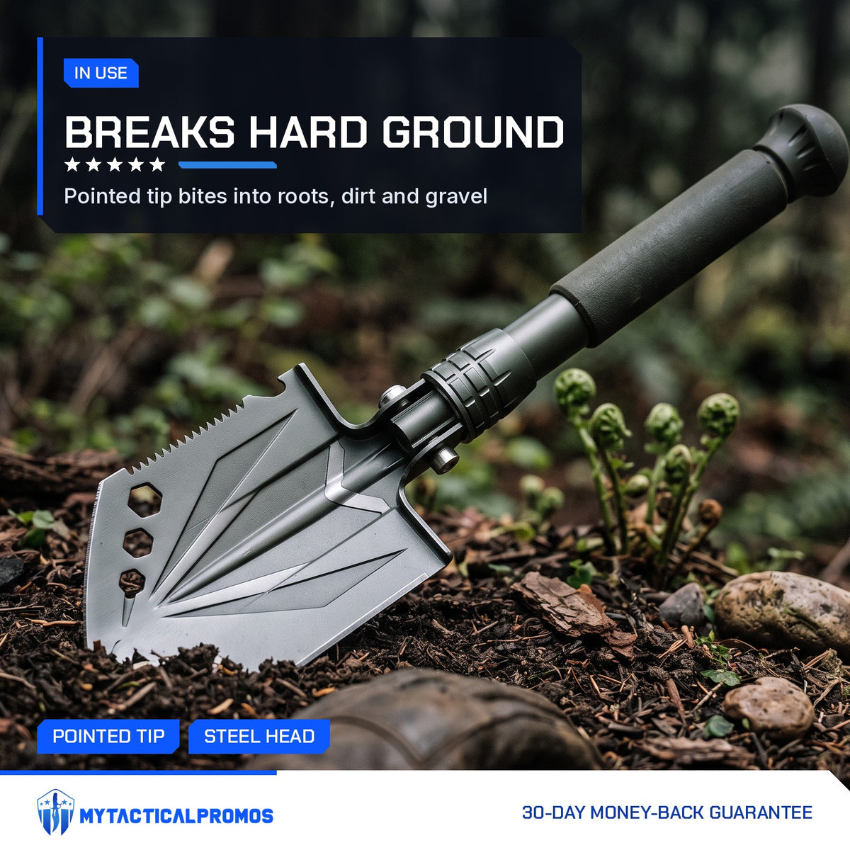 Compact Camp Shovel digging into forest soil