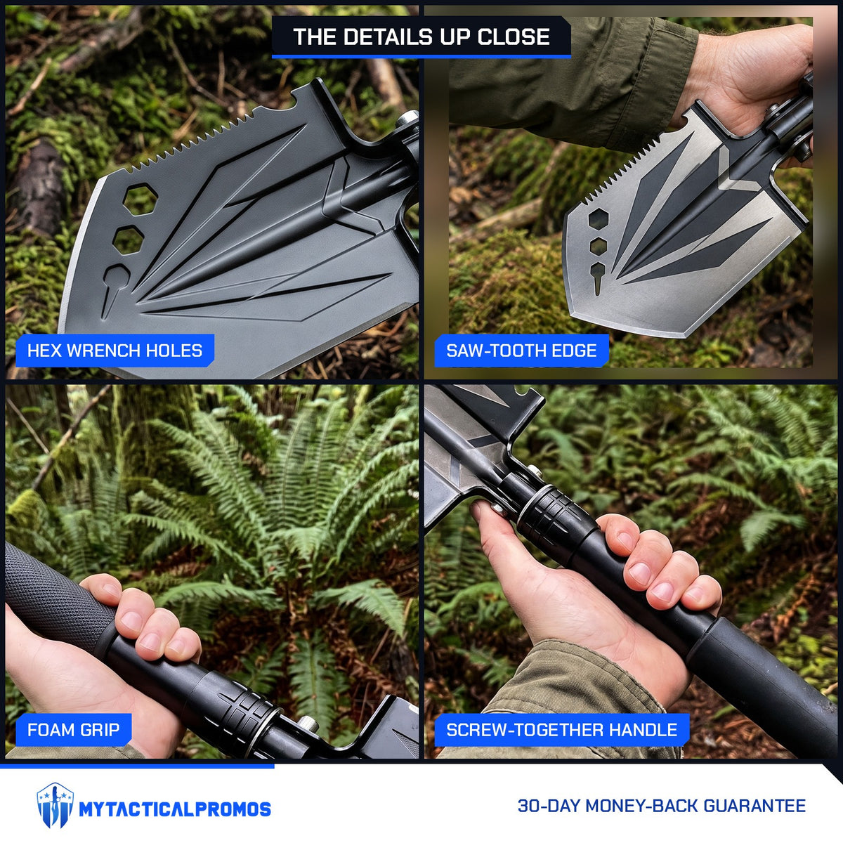 Compact Camp Shovel close-ups: hex wrench holes, saw-tooth edge, foam grip, screw-together handle
