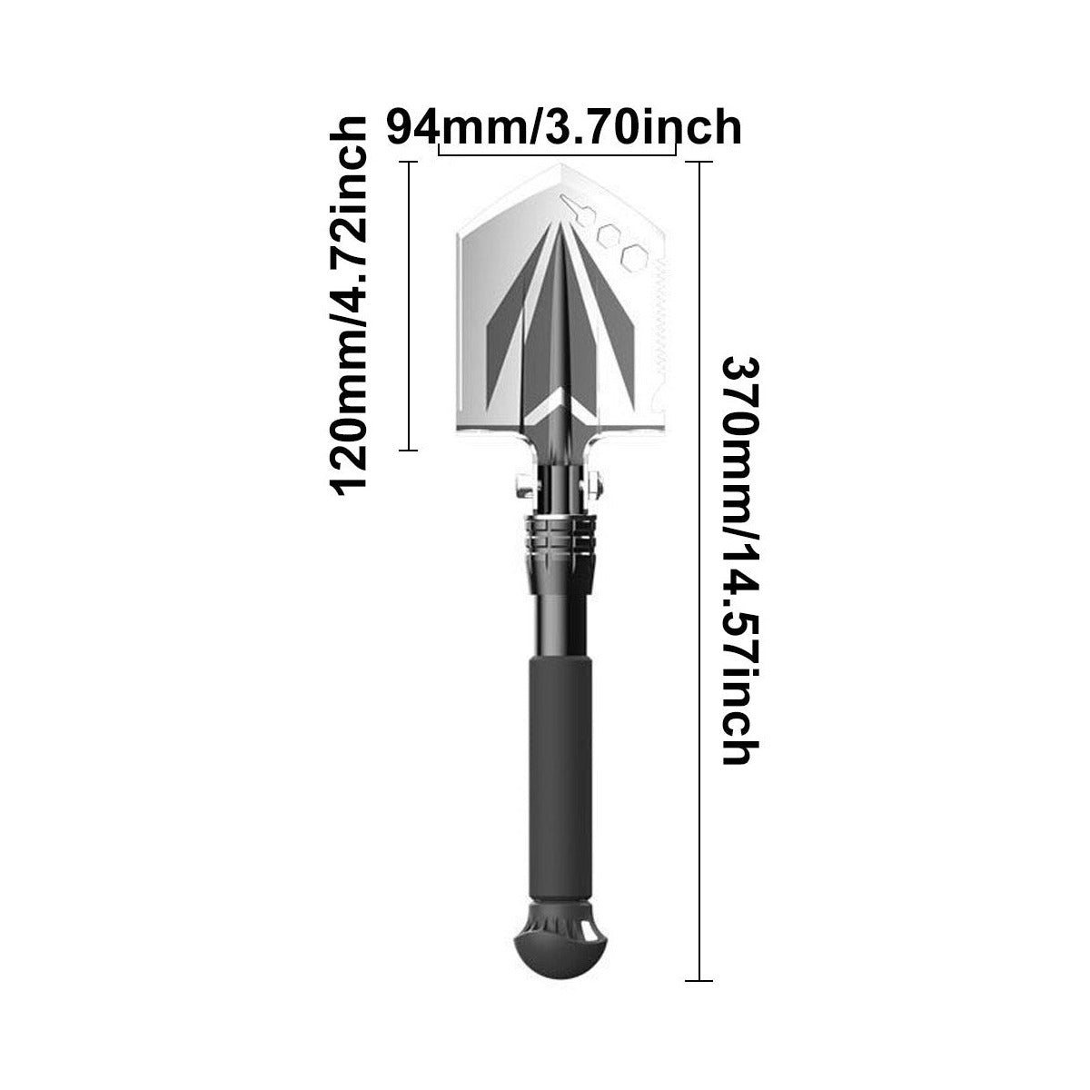 Compact Camp Shovel dimensions: 370 mm (14.57 in) long, 120 x 94 mm head