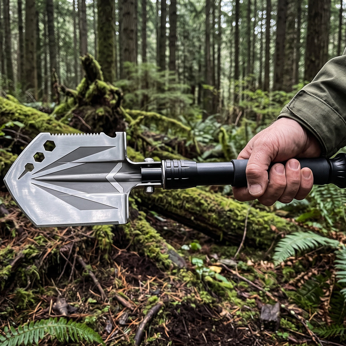 Compact Camp Shovel gripped beside a fallen log among ferns
