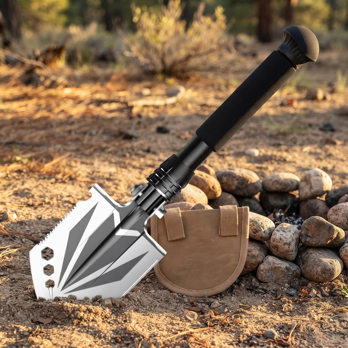 Compact Camp Shovel beside a campfire ring with its tan pouch