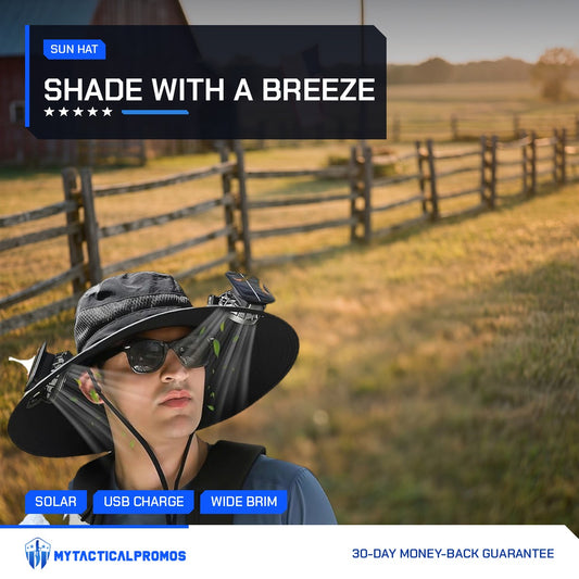 Man wearing the Solar Fan Hat outdoors near a ranch fence