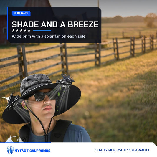 Man wearing the Solar Fan Hat by a ranch fence at golden hour