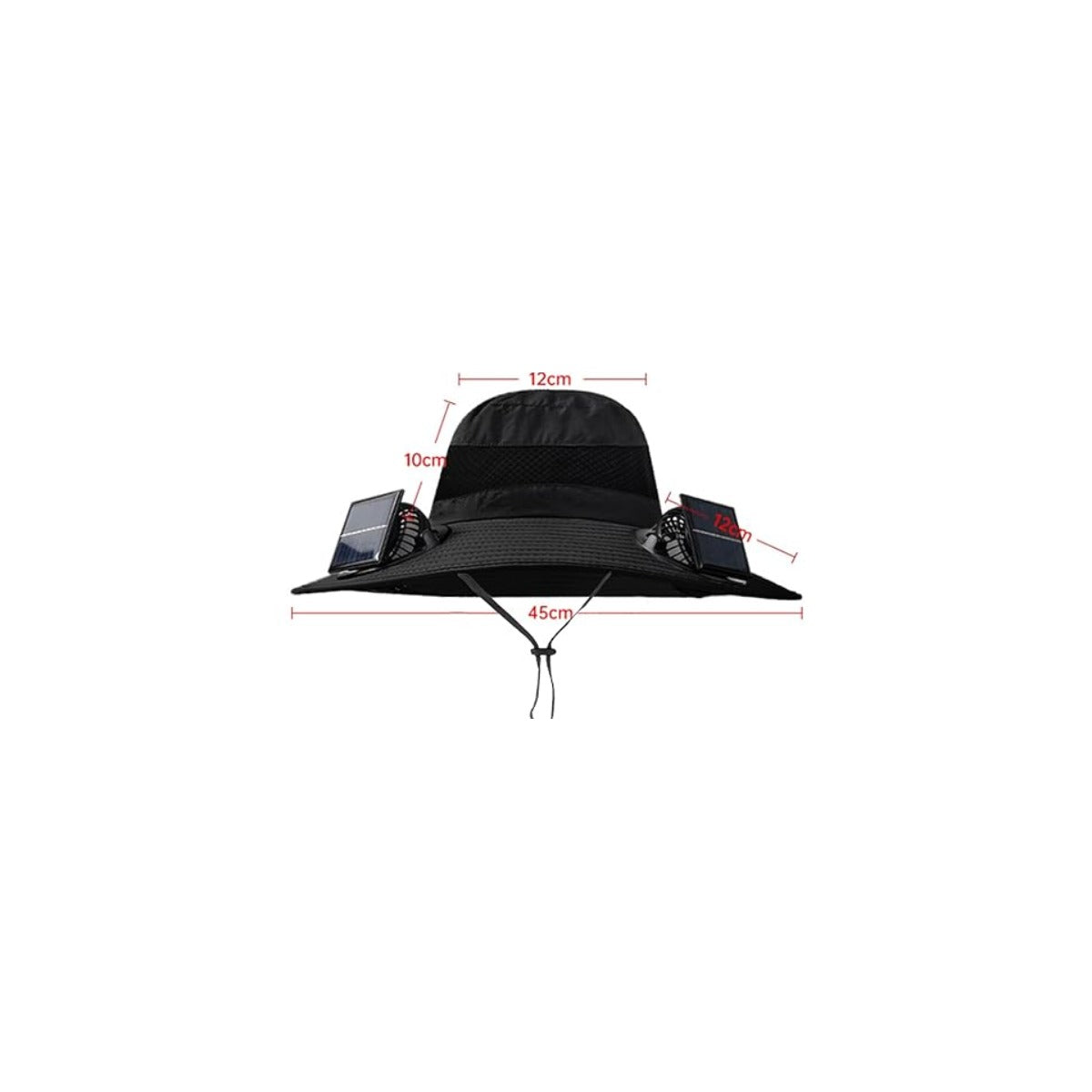 Solar Fan Hat dimensions: about 12 cm crown, 10 cm crown height, 45 cm brim width