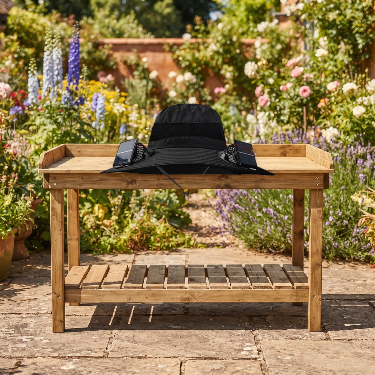 Solar Fan Hat on a garden potting bench on a sunny day