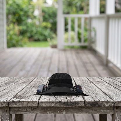 Solar Fan Hat on a weathered porch table