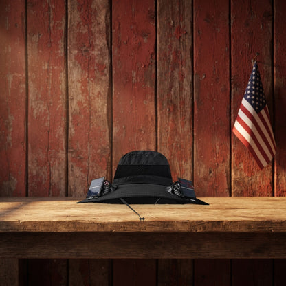 Solar Fan Hat on a rustic barn shelf with a small flag