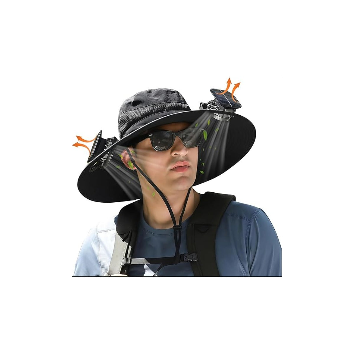 Man wearing the Solar Fan Hat with both brim fans running, on white