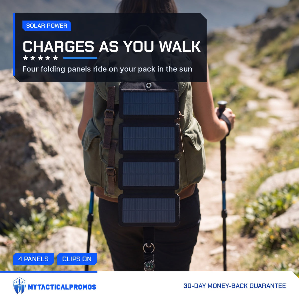 SolarFold solar charger hanging from a hiker's backpack on a mountain trail
