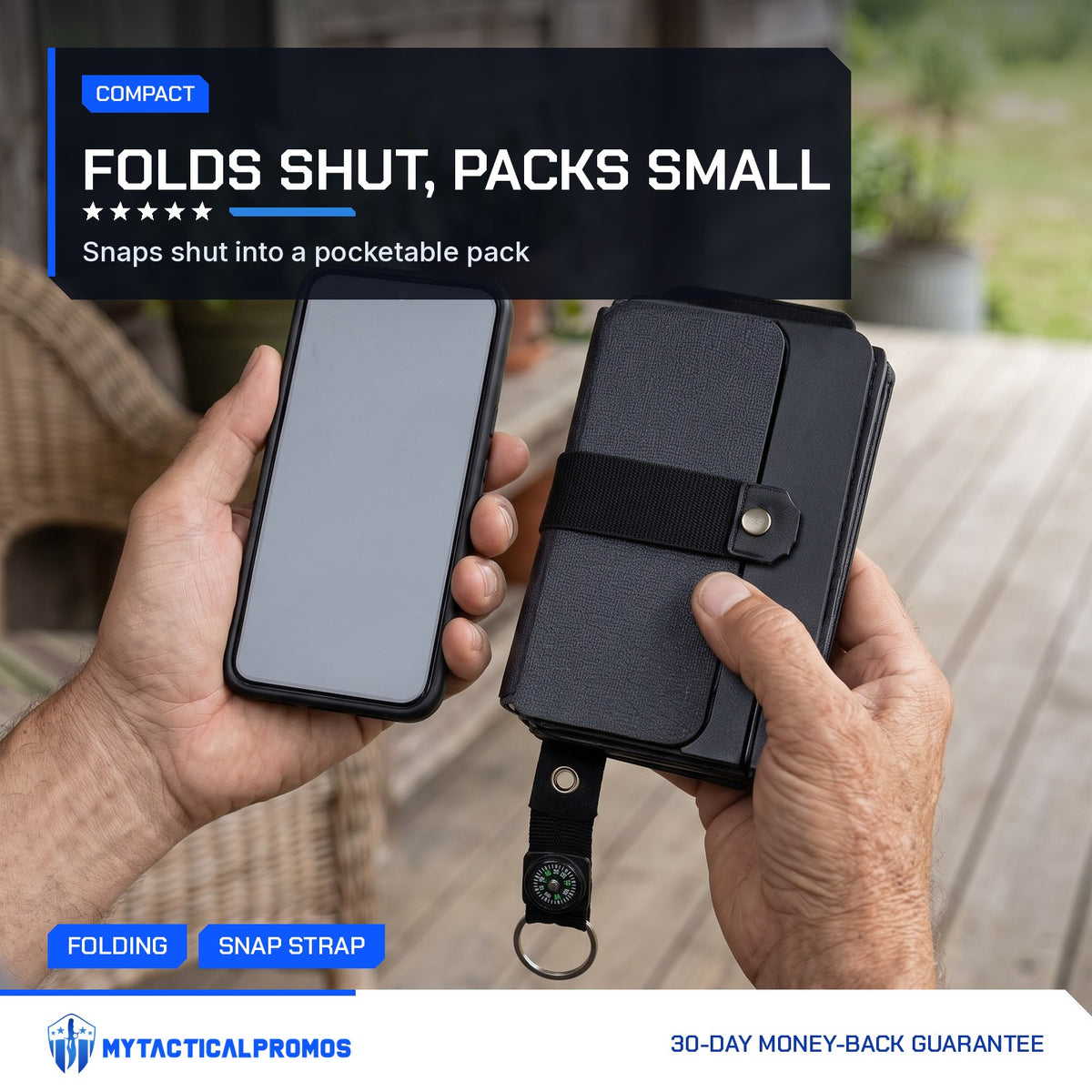 SolarFold solar charger folded shut in one hand next to a smartphone