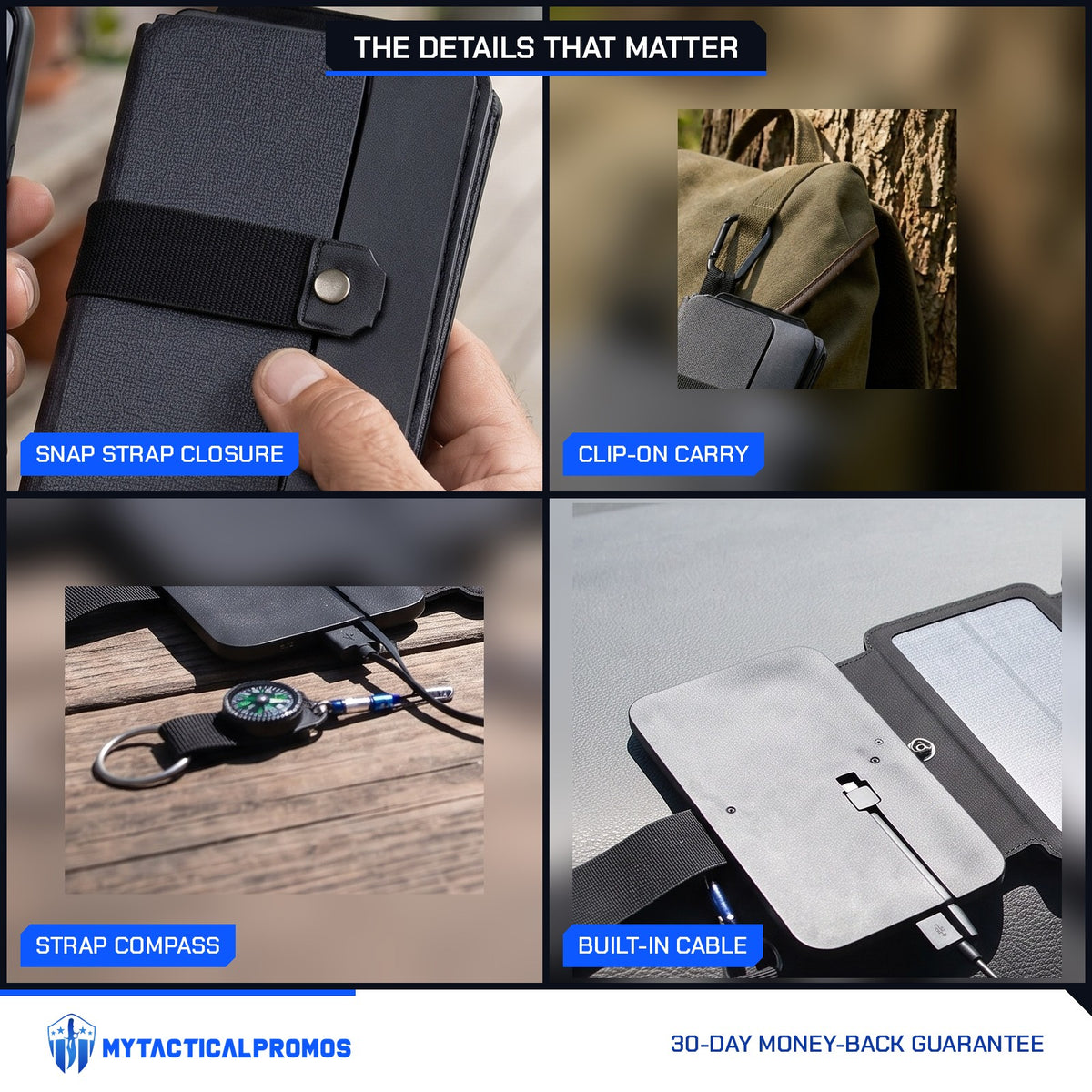 SolarFold Solar Charger close-ups: snap strap closure, clip-on carry, strap compass, built-in cable at the flap