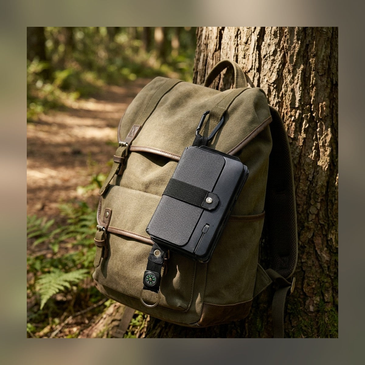 SolarFold solar charger folded and clipped to a canvas backpack by a trail