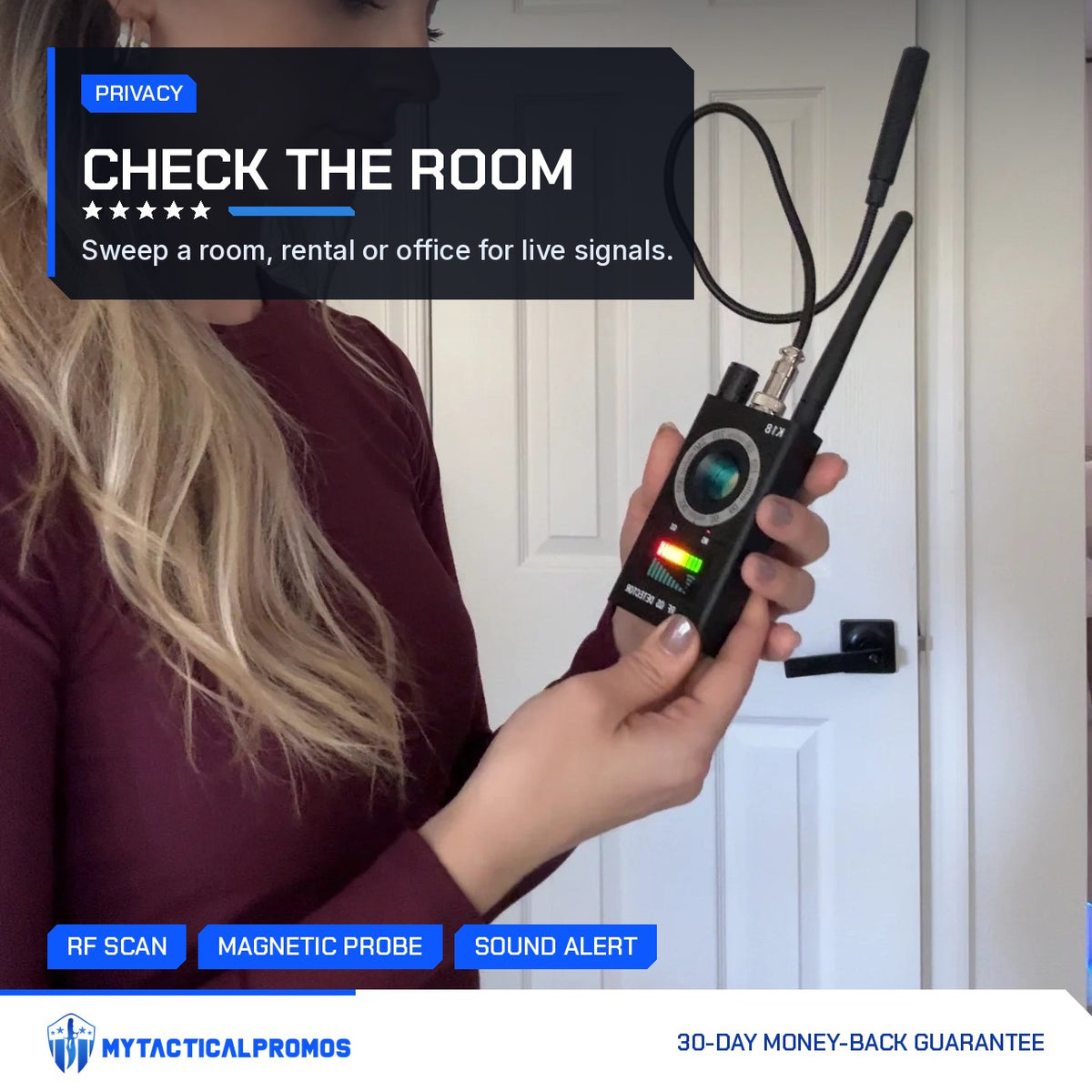 Woman sweeping a room with the Spy Bug Detector, antenna and probe attached