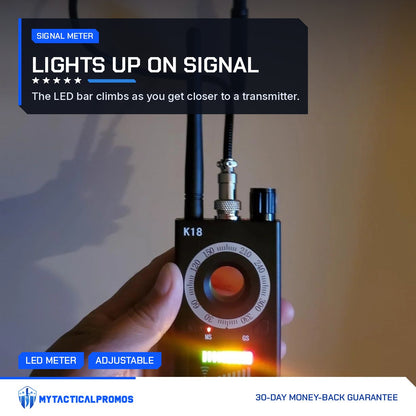 Spy Bug Detector LED signal meter lit up while scanning