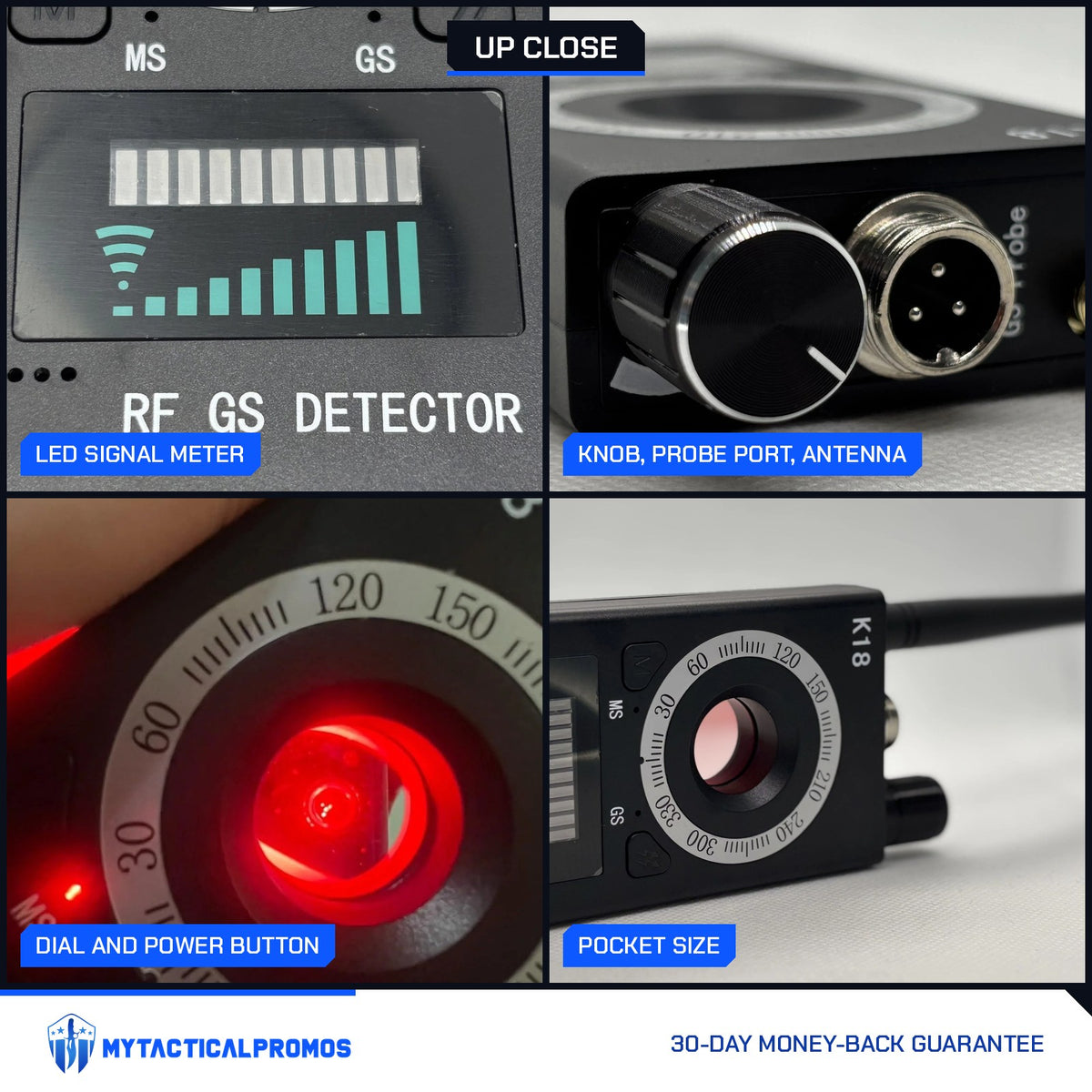 Spy Bug Detector close-ups: LED signal meter, sensitivity knob and probe port, lit dial and power button, pocket-size body