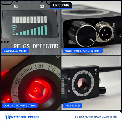 Spy Bug Detector close-ups: LED signal meter, sensitivity knob and probe port, lit dial and power button, pocket-size body
