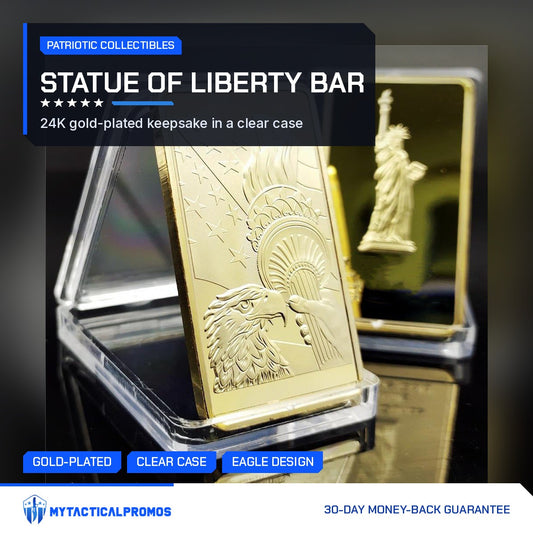 Statue of Liberty gold-plated bar in its clear case, eagle side in front and Statue of Liberty side behind