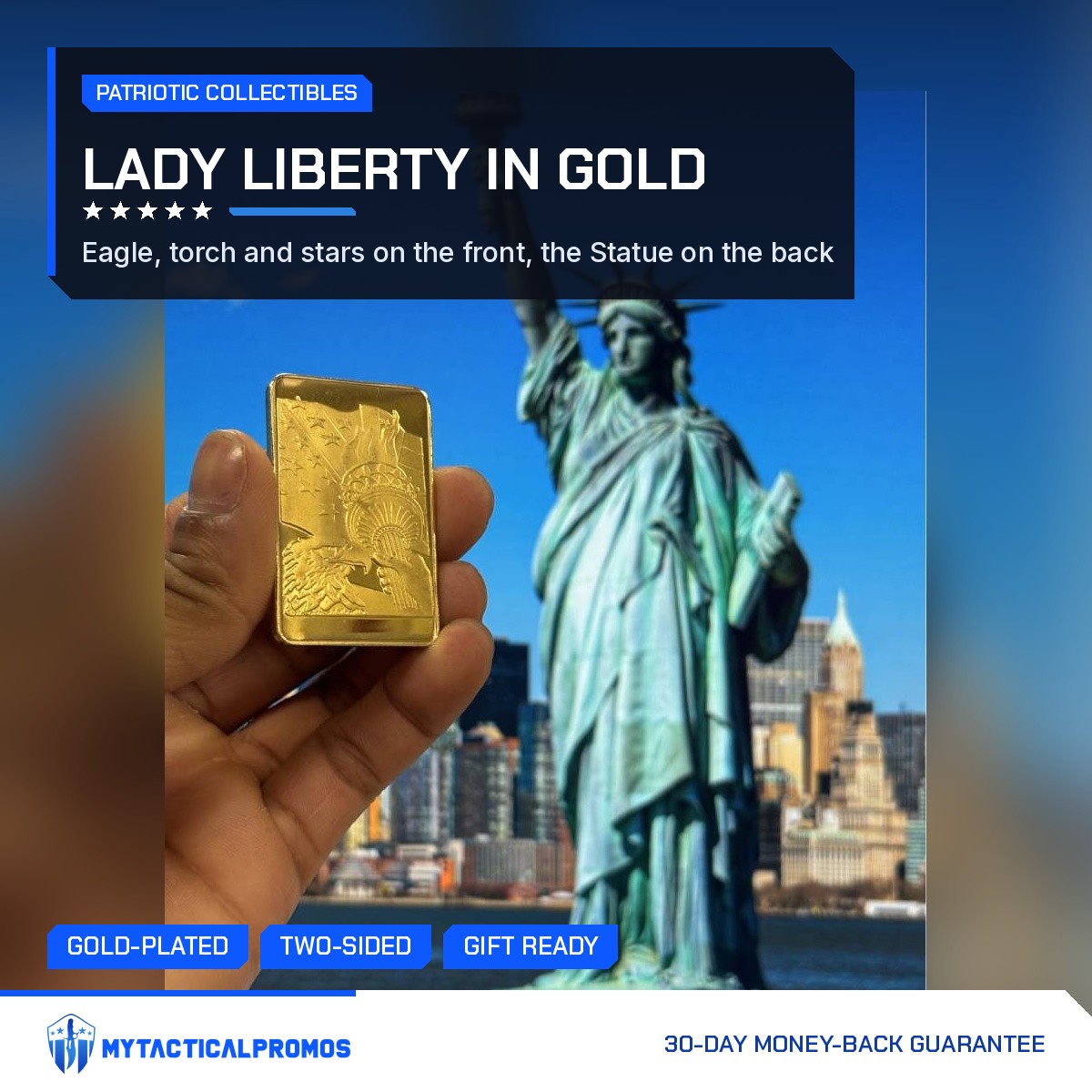 Statue of Liberty gold-plated bar held up in front of the Statue of Liberty