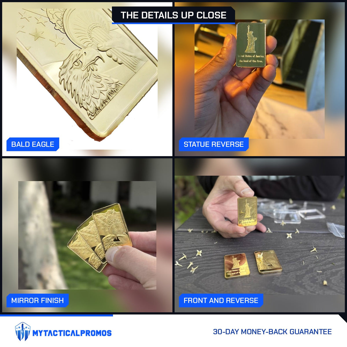 Statue of Liberty gold-plated bar close-ups: bald eagle, Statue reverse, mirror finish, front and reverse
