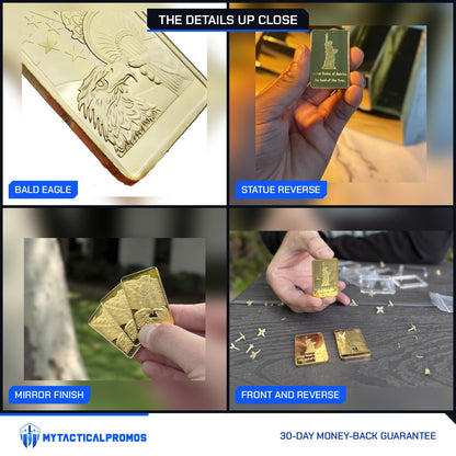 Statue of Liberty gold-plated bar close-ups: bald eagle, Statue reverse, mirror finish, front and reverse
