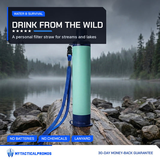 Water Filter Straw standing on a log by a misty mountain lake
