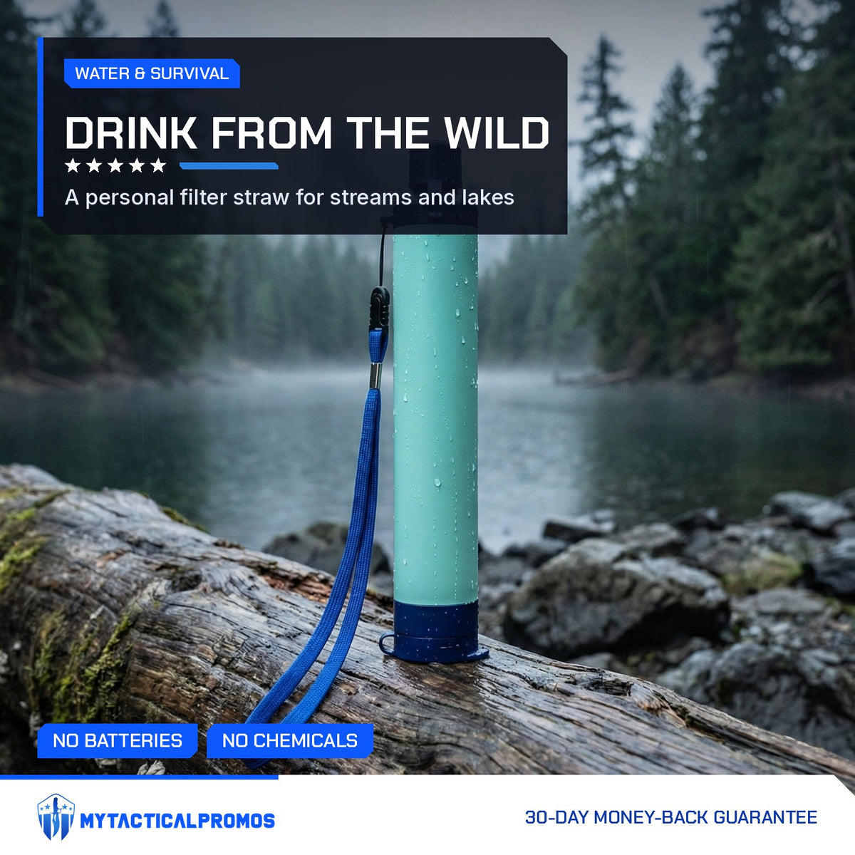 Water Filter Straw standing on a log by a misty lake with its blue lanyard