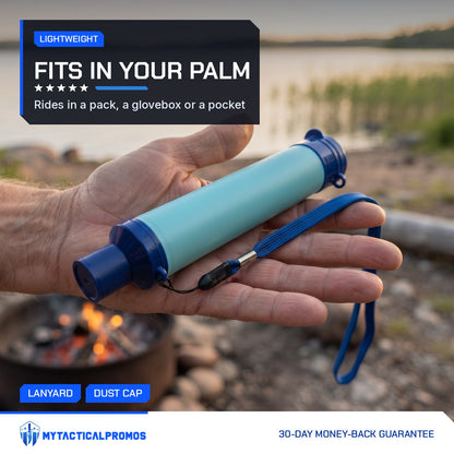 Water Filter Straw held across an open palm at a lakeside campfire to show its size