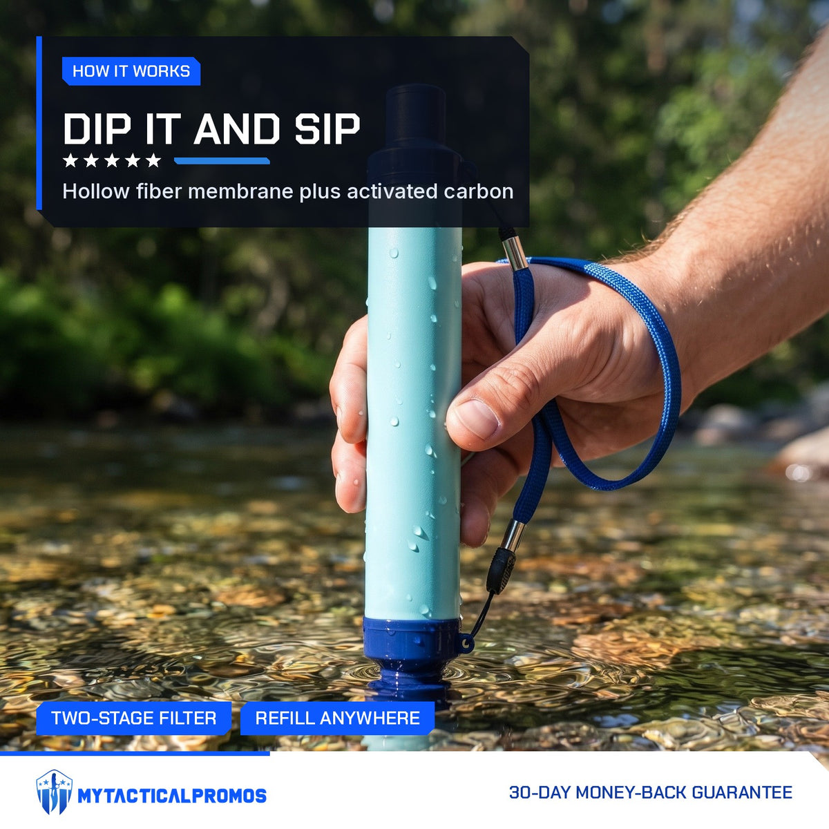 Hand dipping the Water Filter Straw into a clear mountain stream
