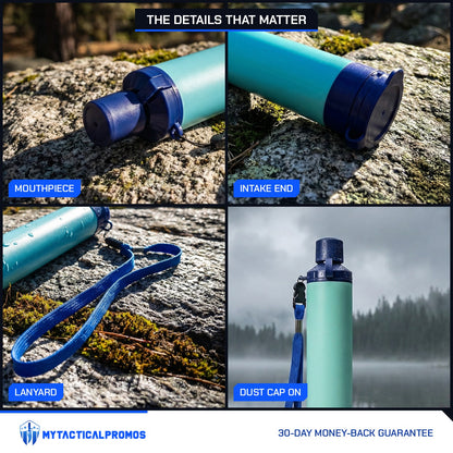 Water Filter Straw close-ups: mouthpiece, intake end, lanyard, dust cap on