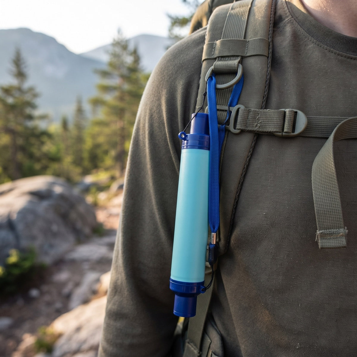 Water Filter Straw hanging by its lanyard from a hiker's backpack strap