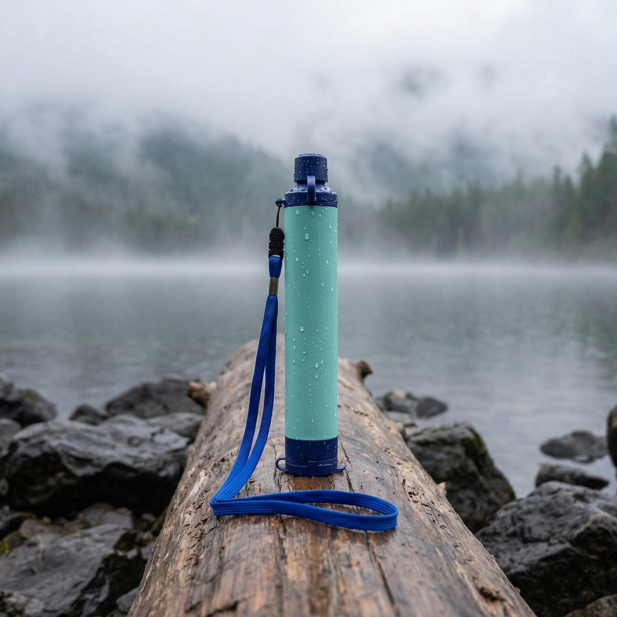 Water Filter Straw standing upright on a driftwood log at a foggy lake