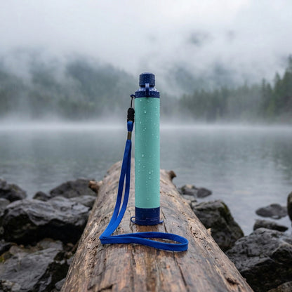 Water Filter Straw standing upright on a driftwood log at a foggy lake