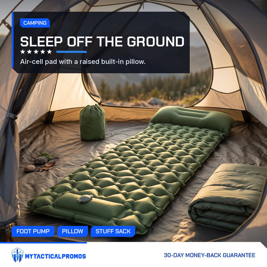 Survival Mattress sleeping pad inflated inside a tent at a mountain campsite