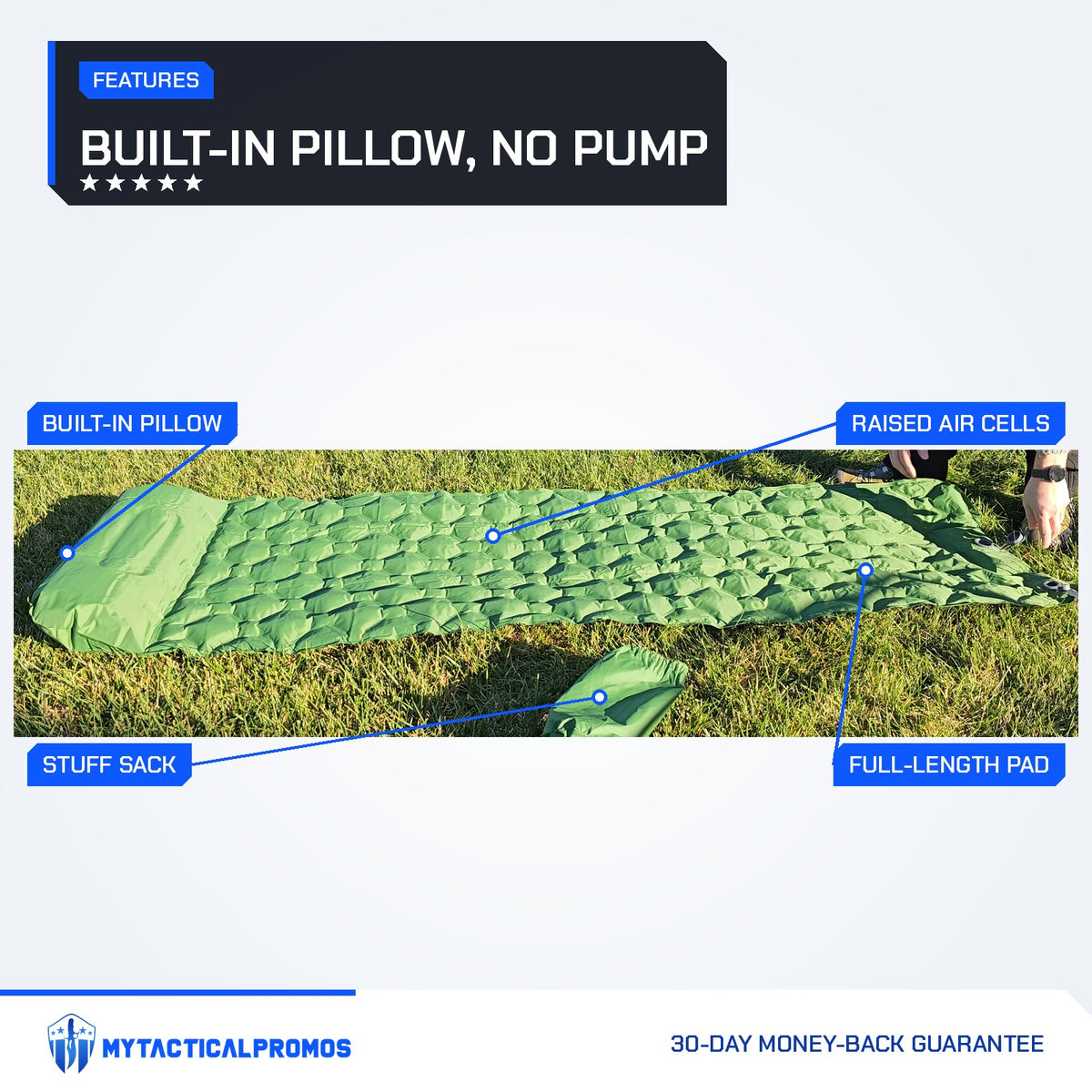 Survival Mattress features labeled: built-in pillow, raised air cells, full-length pad, stuff sack