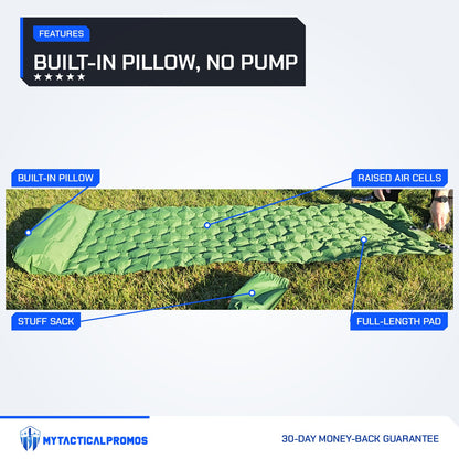 Survival Mattress features labeled: built-in pillow, raised air cells, full-length pad, stuff sack