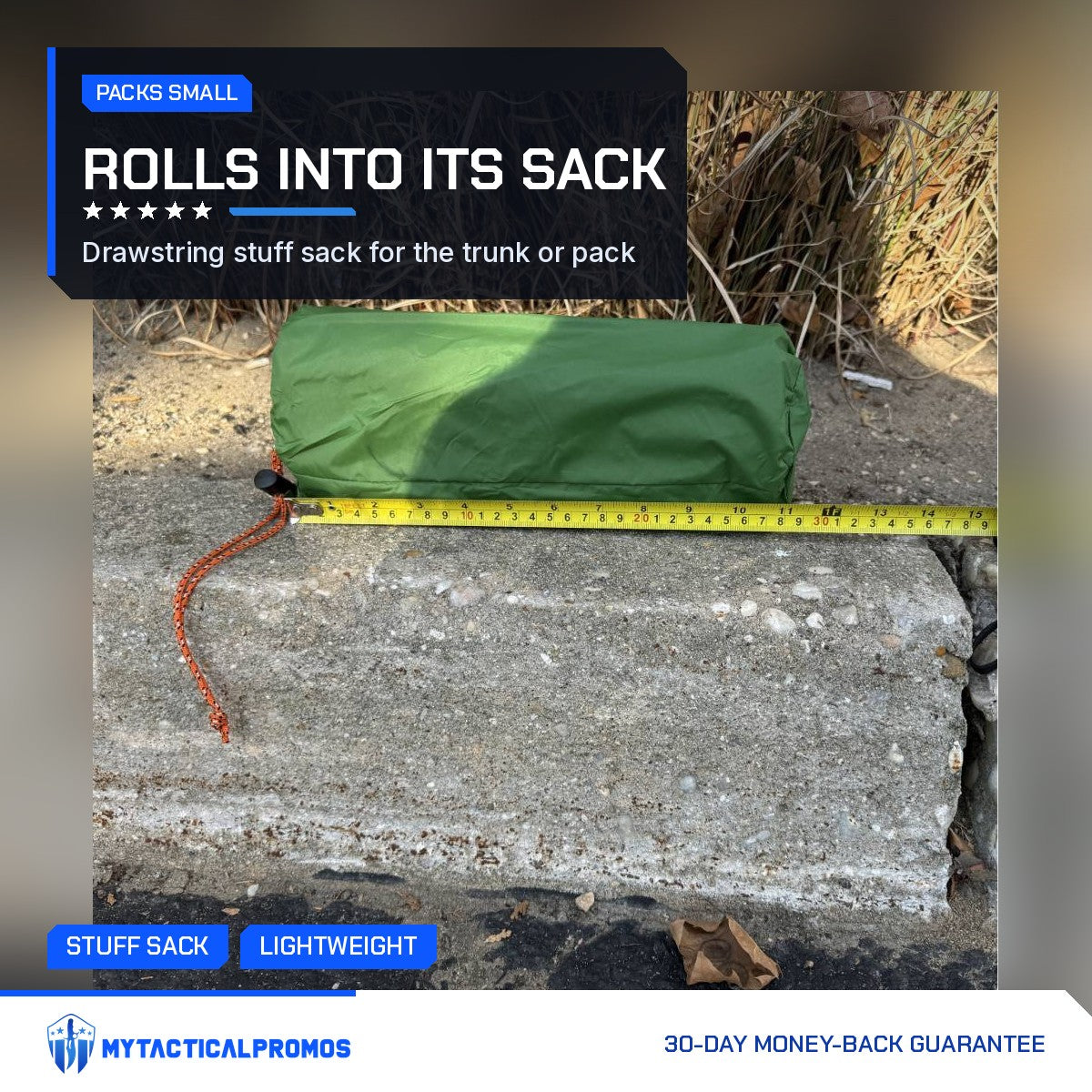 Survival Mattress rolled in its drawstring stuff sack next to a tape measure