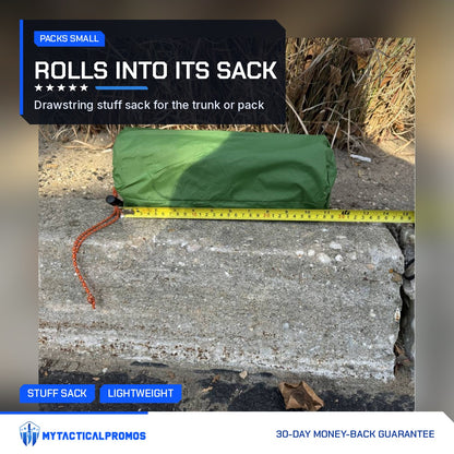 Survival Mattress rolled in its drawstring stuff sack next to a tape measure