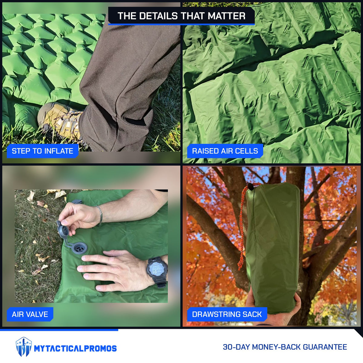 Survival Mattress close-ups: stepping on the foot pump, raised air cells, air valve, drawstring stuff sack