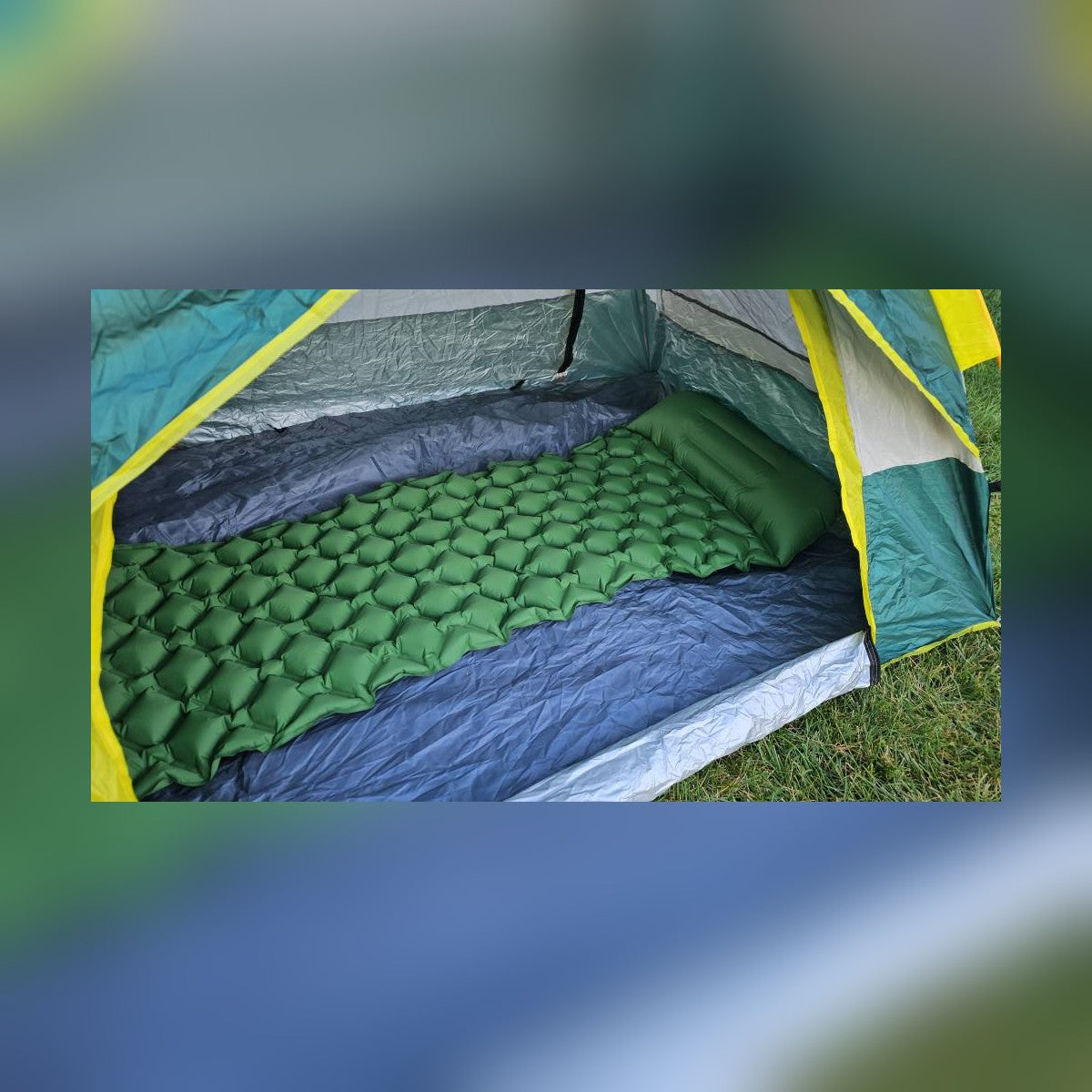 Survival Mattress inflated inside a pop-up tent on the lawn