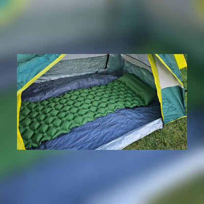 Survival Mattress inflated inside a pop-up tent on the lawn