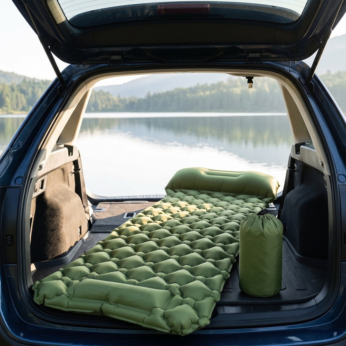 Survival Mattress inflated in the back of an SUV by a lake with its stuff sack