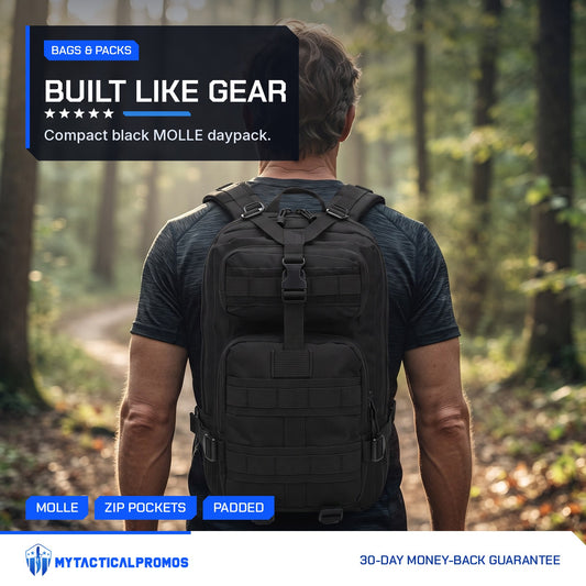 Tactical Backpack worn by a man walking a forest trail