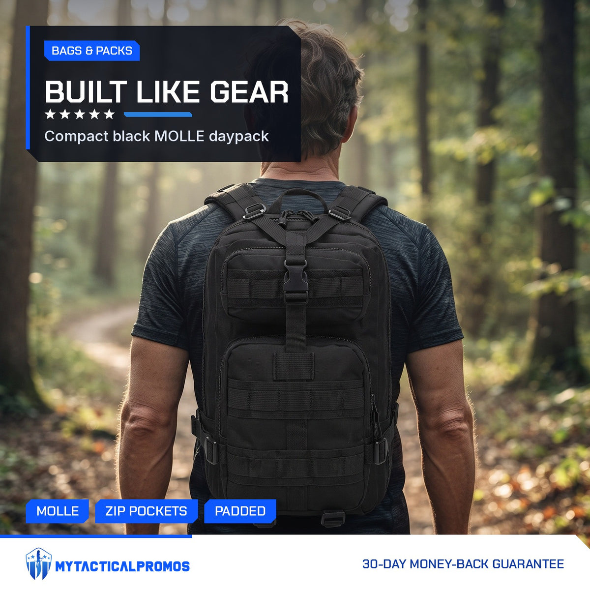 Hiker wearing the black Tactical Backpack on a forest trail